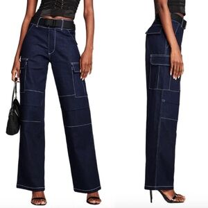 I.AM.GIA Revolve Dark Indigo Wide-Leg Cargo Jeans Contrast Stitching Size Small